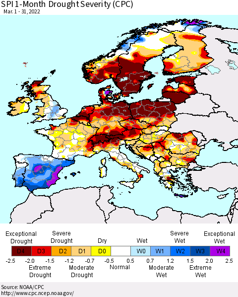 Europe SPI 1-Month Drought Severity (CPC) Thematic Map For 3/1/2022 - 3/31/2022