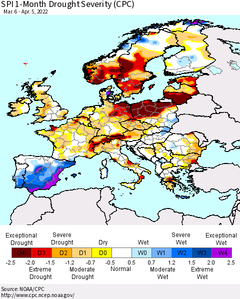 Europe SPI 1-Month Drought Severity (CPC) Thematic Map For 3/6/2022 - 4/5/2022