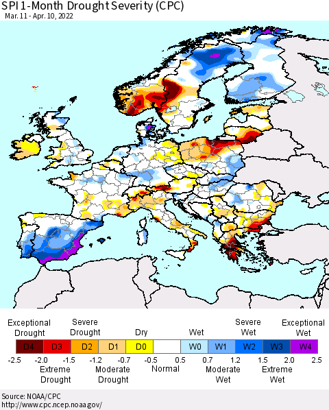 Europe SPI 1-Month Drought Severity (CPC) Thematic Map For 3/11/2022 - 4/10/2022