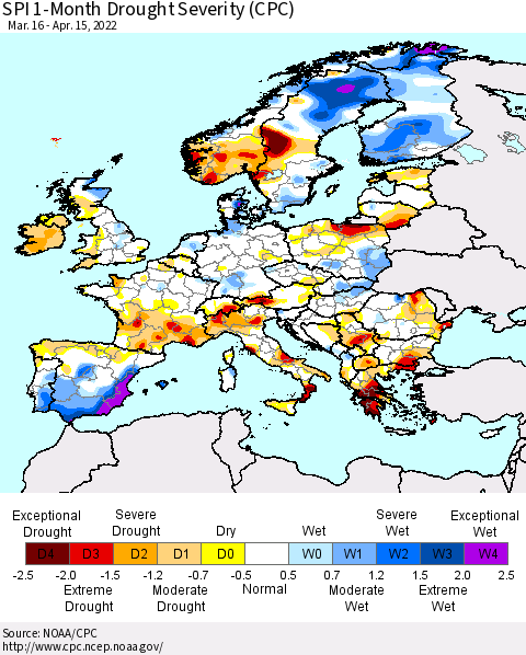 Europe SPI 1-Month Drought Severity (CPC) Thematic Map For 3/16/2022 - 4/15/2022