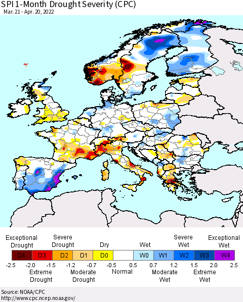 Europe SPI 1-Month Drought Severity (CPC) Thematic Map For 3/21/2022 - 4/20/2022