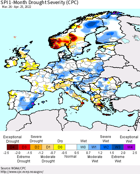 Europe SPI 1-Month Drought Severity (CPC) Thematic Map For 3/26/2022 - 4/25/2022