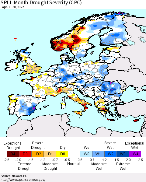 Europe SPI 1-Month Drought Severity (CPC) Thematic Map For 4/1/2022 - 4/30/2022