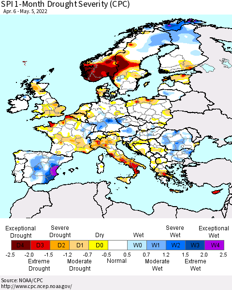 Europe SPI 1-Month Drought Severity (CPC) Thematic Map For 4/6/2022 - 5/5/2022