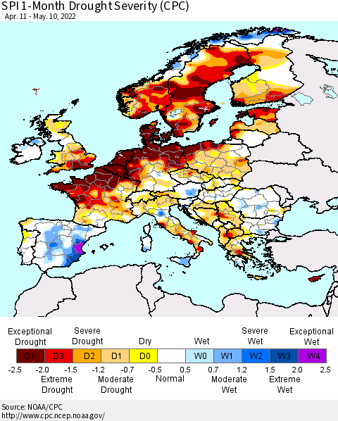 Europe SPI 1-Month Drought Severity (CPC) Thematic Map For 4/11/2022 - 5/10/2022