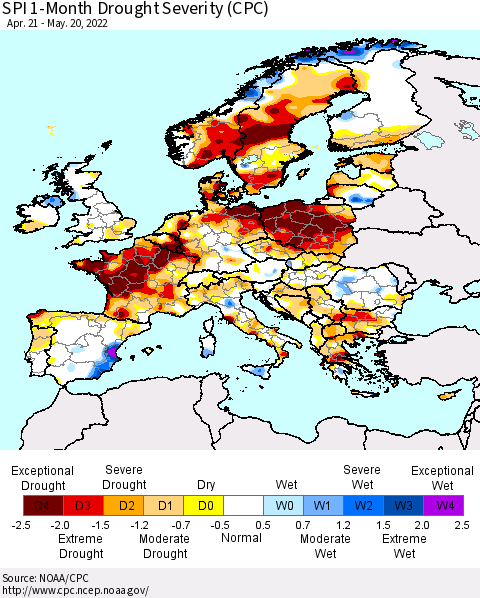 Europe SPI 1-Month Drought Severity (CPC) Thematic Map For 4/21/2022 - 5/20/2022