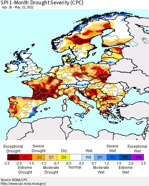 Europe SPI 1-Month Drought Severity (CPC) Thematic Map For 4/26/2022 - 5/25/2022