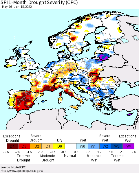 Europe SPI 1-Month Drought Severity (CPC) Thematic Map For 5/16/2022 - 6/15/2022
