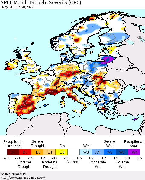 Europe SPI 1-Month Drought Severity (CPC) Thematic Map For 5/21/2022 - 6/20/2022
