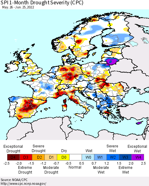 Europe SPI 1-Month Drought Severity (CPC) Thematic Map For 5/26/2022 - 6/25/2022
