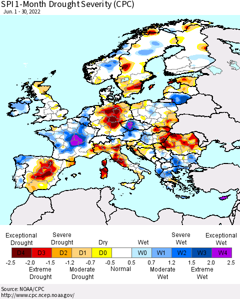 Europe SPI 1-Month Drought Severity (CPC) Thematic Map For 6/1/2022 - 6/30/2022