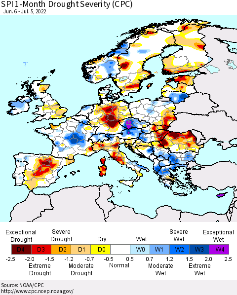 Europe SPI 1-Month Drought Severity (CPC) Thematic Map For 6/6/2022 - 7/5/2022