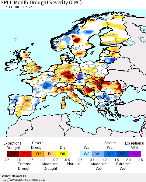 Europe SPI 1-Month Drought Severity (CPC) Thematic Map For 6/11/2022 - 7/10/2022