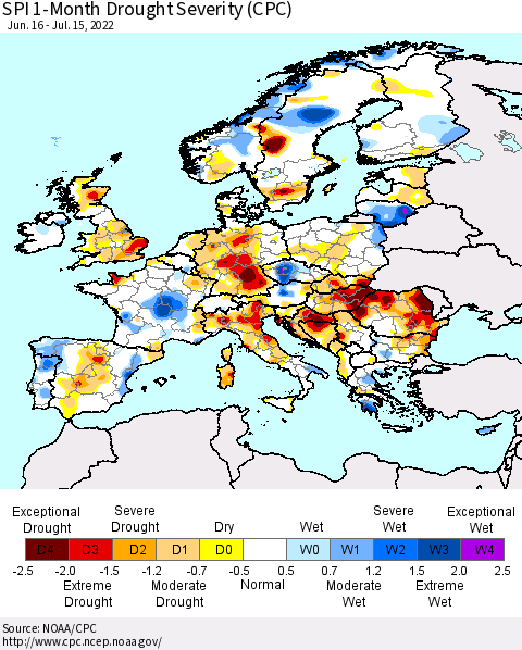 Europe SPI 1-Month Drought Severity (CPC) Thematic Map For 6/16/2022 - 7/15/2022