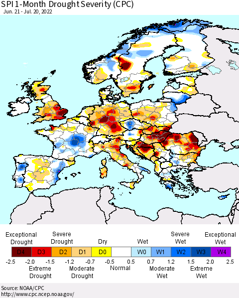 Europe SPI 1-Month Drought Severity (CPC) Thematic Map For 6/21/2022 - 7/20/2022