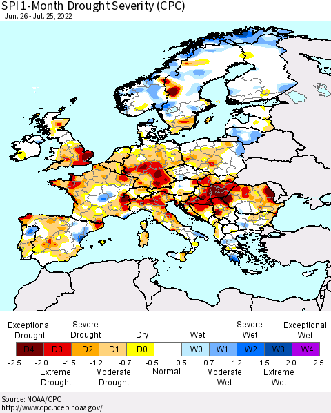 Europe SPI 1-Month Drought Severity (CPC) Thematic Map For 6/26/2022 - 7/25/2022