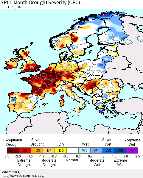 Europe SPI 1-Month Drought Severity (CPC) Thematic Map For 7/1/2022 - 7/31/2022