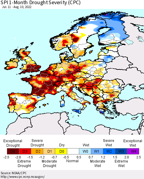 Europe SPI 1-Month Drought Severity (CPC) Thematic Map For 7/11/2022 - 8/10/2022