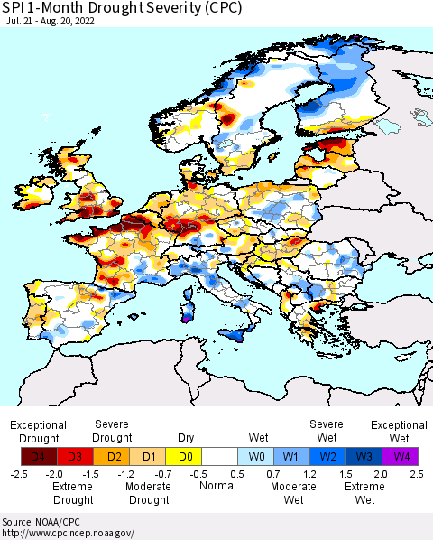 Europe SPI 1-Month Drought Severity (CPC) Thematic Map For 7/21/2022 - 8/20/2022