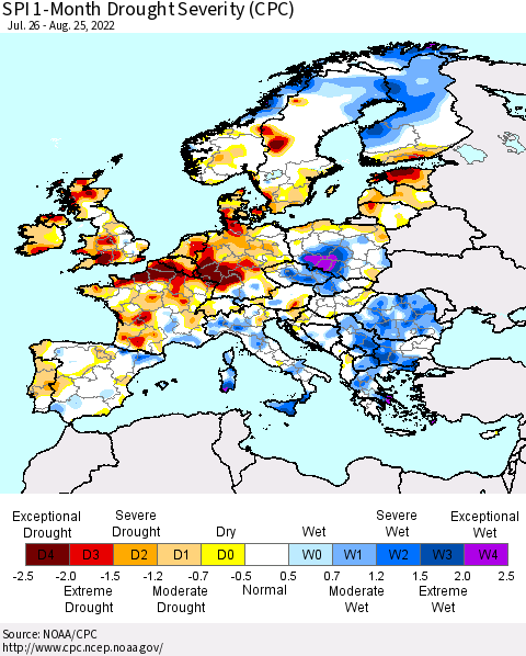 Europe SPI 1-Month Drought Severity (CPC) Thematic Map For 7/26/2022 - 8/25/2022