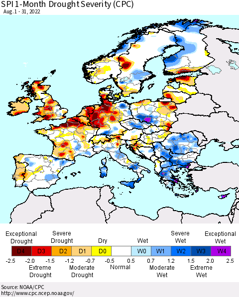 Europe SPI 1-Month Drought Severity (CPC) Thematic Map For 8/1/2022 - 8/31/2022