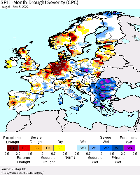 Europe SPI 1-Month Drought Severity (CPC) Thematic Map For 8/6/2022 - 9/5/2022