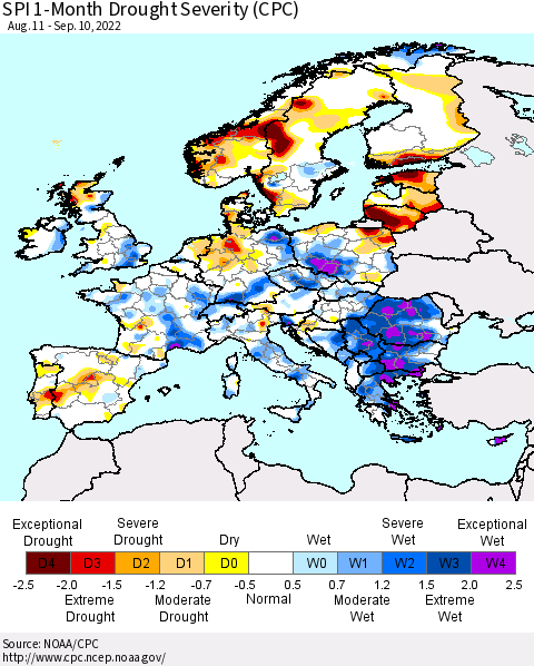 Europe SPI 1-Month Drought Severity (CPC) Thematic Map For 8/11/2022 - 9/10/2022