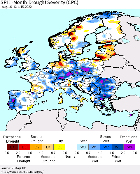 Europe SPI 1-Month Drought Severity (CPC) Thematic Map For 8/16/2022 - 9/15/2022