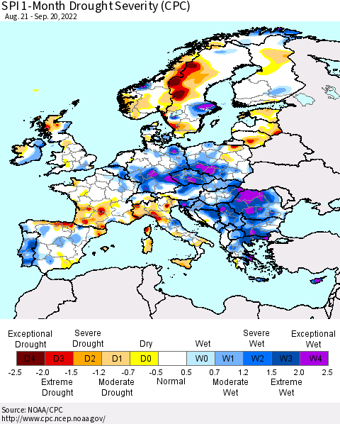 Europe SPI 1-Month Drought Severity (CPC) Thematic Map For 8/21/2022 - 9/20/2022