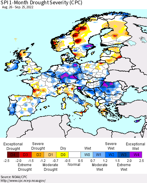 Europe SPI 1-Month Drought Severity (CPC) Thematic Map For 8/26/2022 - 9/25/2022