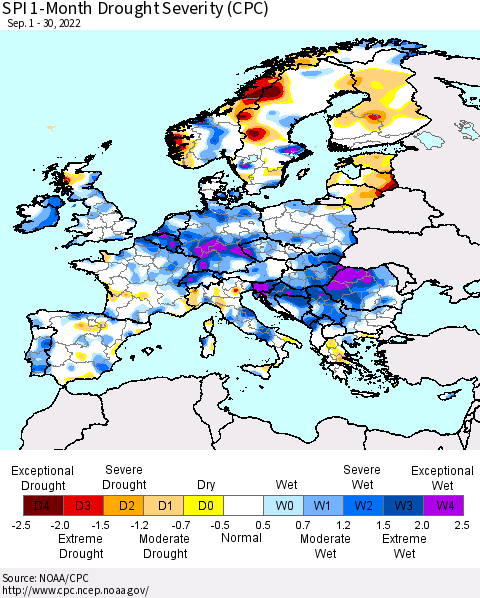 Europe SPI 1-Month Drought Severity (CPC) Thematic Map For 9/1/2022 - 9/30/2022