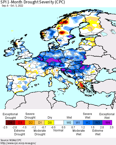 Europe SPI 1-Month Drought Severity (CPC) Thematic Map For 9/6/2022 - 10/5/2022
