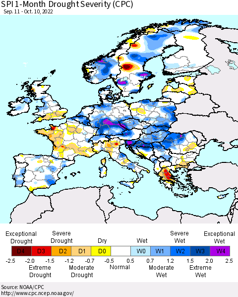 Europe SPI 1-Month Drought Severity (CPC) Thematic Map For 9/11/2022 - 10/10/2022