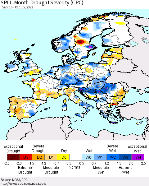 Europe SPI 1-Month Drought Severity (CPC) Thematic Map For 9/16/2022 - 10/15/2022