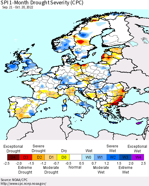 Europe SPI 1-Month Drought Severity (CPC) Thematic Map For 9/21/2022 - 10/20/2022