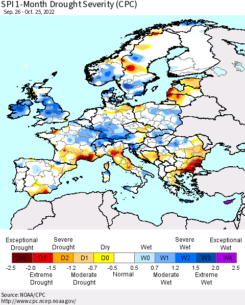 Europe SPI 1-Month Drought Severity (CPC) Thematic Map For 9/26/2022 - 10/25/2022