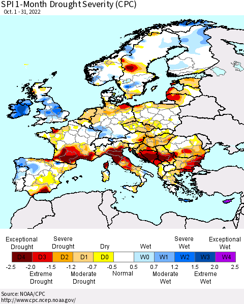 Europe SPI 1-Month Drought Severity (CPC) Thematic Map For 10/1/2022 - 10/31/2022