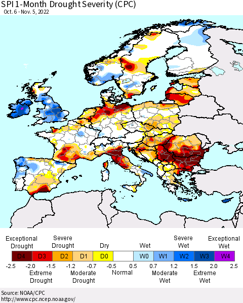 Europe SPI 1-Month Drought Severity (CPC) Thematic Map For 10/6/2022 - 11/5/2022