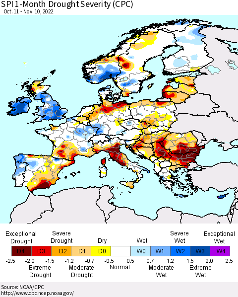 Europe SPI 1-Month Drought Severity (CPC) Thematic Map For 10/11/2022 - 11/10/2022