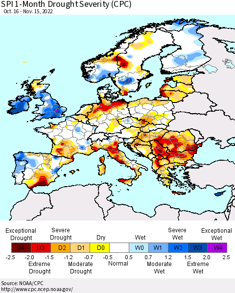 Europe SPI 1-Month Drought Severity (CPC) Thematic Map For 10/16/2022 - 11/15/2022