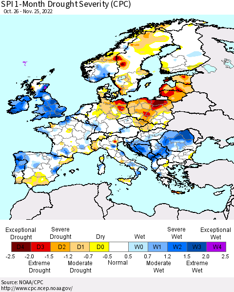 Europe SPI 1-Month Drought Severity (CPC) Thematic Map For 10/26/2022 - 11/25/2022
