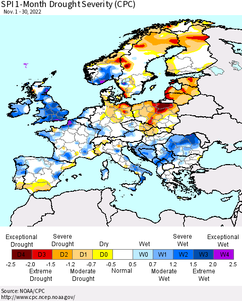 Europe SPI 1-Month Drought Severity (CPC) Thematic Map For 11/1/2022 - 11/30/2022