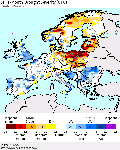Europe SPI 1-Month Drought Severity (CPC) Thematic Map For 11/6/2022 - 12/5/2022