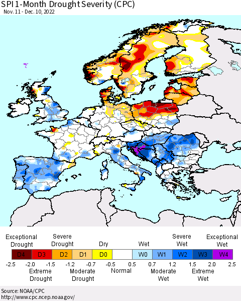 Europe SPI 1-Month Drought Severity (CPC) Thematic Map For 11/11/2022 - 12/10/2022