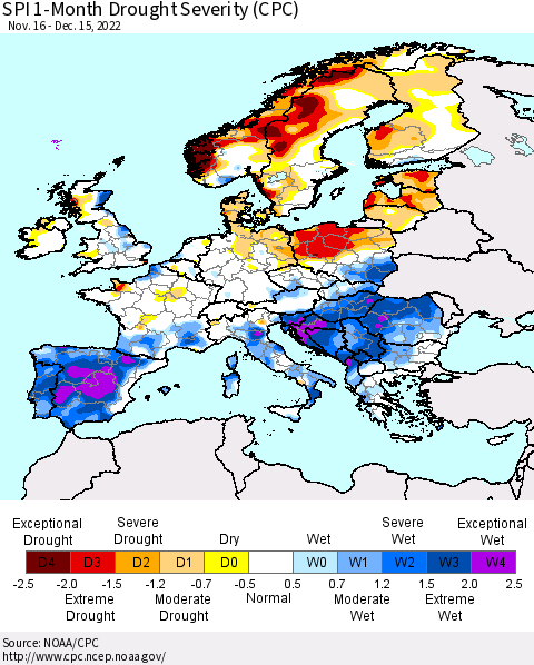Europe SPI 1-Month Drought Severity (CPC) Thematic Map For 11/16/2022 - 12/15/2022