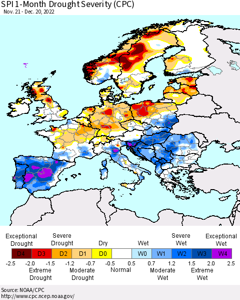 Europe SPI 1-Month Drought Severity (CPC) Thematic Map For 11/21/2022 - 12/20/2022