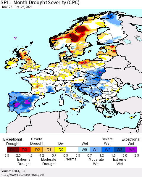 Europe SPI 1-Month Drought Severity (CPC) Thematic Map For 11/26/2022 - 12/25/2022
