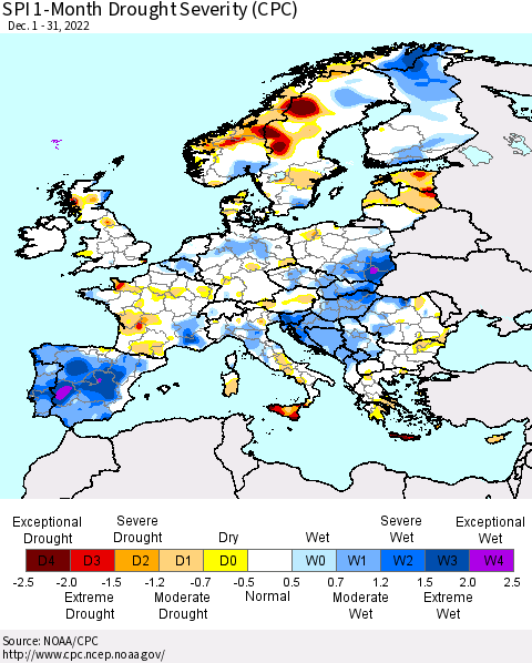 Europe SPI 1-Month Drought Severity (CPC) Thematic Map For 12/1/2022 - 12/31/2022