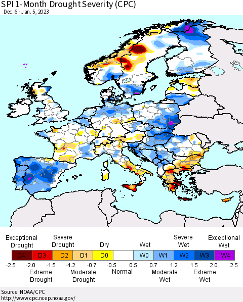 Europe SPI 1-Month Drought Severity (CPC) Thematic Map For 12/6/2022 - 1/5/2023