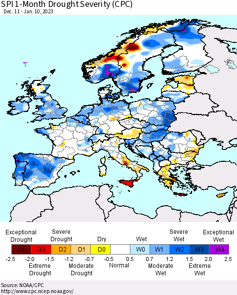 Europe SPI 1-Month Drought Severity (CPC) Thematic Map For 12/11/2022 - 1/10/2023
